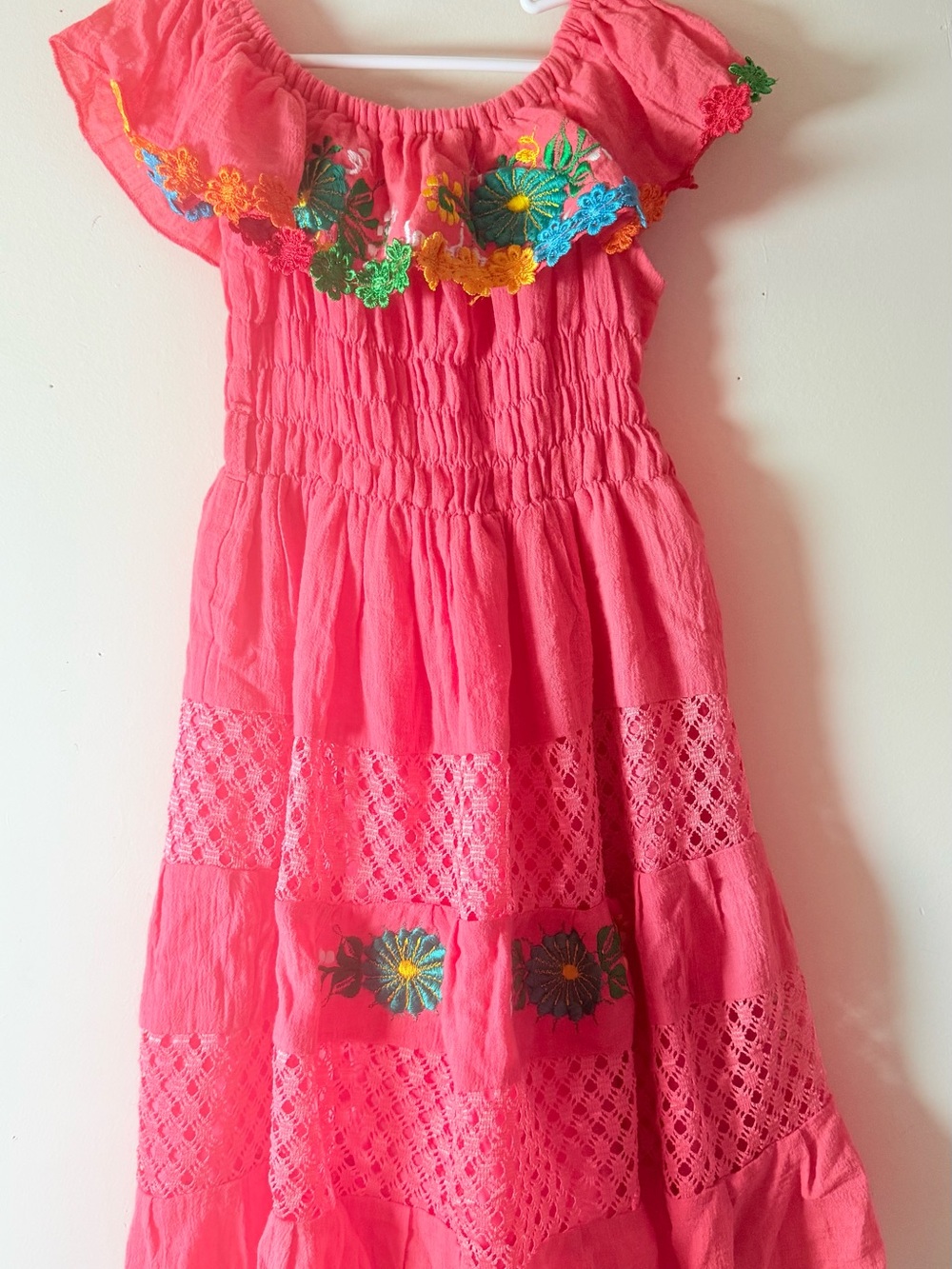 Girls' Coral Embroidered Off-Shoulder Maxi Dress